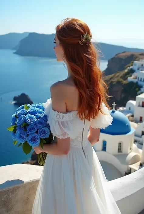 Santorini, overlooking the sea. A girl with long hair. Her hair is reddish-brown. Directly from behind. Her face is not visible. She is wearing a frilly off-the-shoulder white wedding dress. She is holding a bouquet of blue roses.