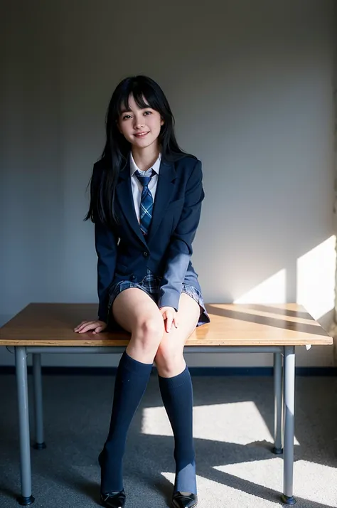 a girl sitting with her legs apart in a school classroom,blue tie uniform,dark blue blazer,blue plaid skirt,18-year-old,bangs,sm...