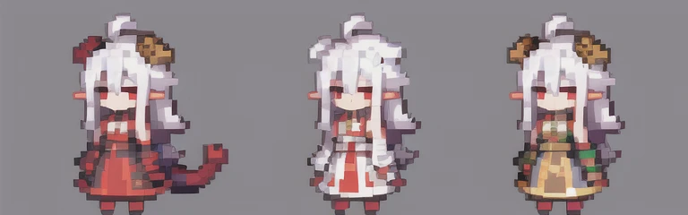 pixel,pixel art,pixelart,xiangsu,xiang su,full body,(((solid background))),
1 girl, red eyes, pointy ears, vampire, colored skin, red dress, separated sleeves, colored sclera, double tail, long white hair, hair between the eyes, bare shoulders, pixel,pixel...