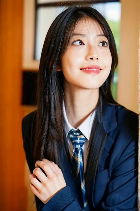 学校の教室に立ちkneesで座ってる女の子,Blue tie uniform,Dark Blue Blazer,Blue plaid skirt,18-year-old,bangs,Smile a little,Thighs,knees,From below, Navy blue knee socks, Long Hair, Black Hair, Highest quality, masterpiece, High resolution, Ultra high definition, 