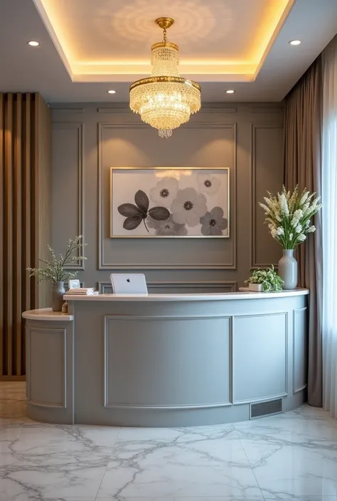 View of the reception room of a beauty spa,  gray or white accents, and a crystal chandelier with warm yellow light.