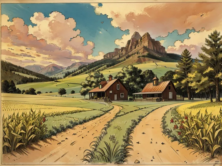 masterpiece of illustration drawing, a dirt path leads from a field of tall corn to a red-roofed farmhouse in the mountains, fresh cloudy sky.