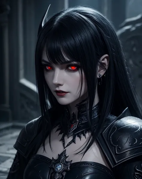 a high fantasy digital painting of an elder vampire, hyper detailed face, piercing red eyes, sharp fangs, long black hair, ornat...