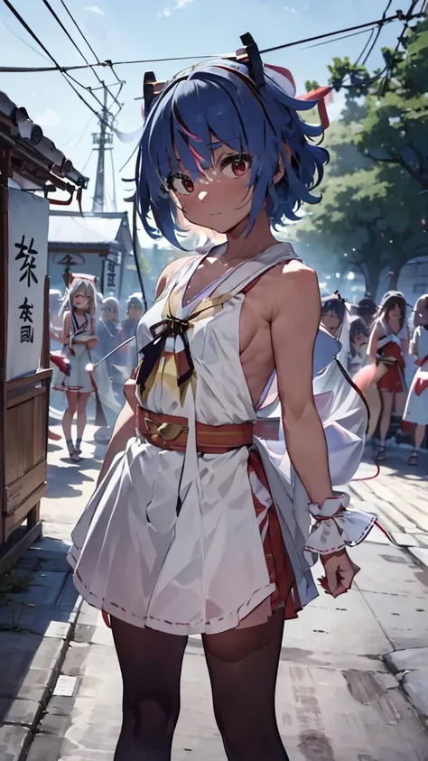 masterpiece, Highest quality, High resolution, Very detailed,(((Mikoto Naruka))), (((In town)))、(((electric wire)))、(((Expressionless)))、(((Standing in the distance。))), (((Wearing shrine maiden attire。))), (((Miko costume))), Electric pole, blue sky, (((s...