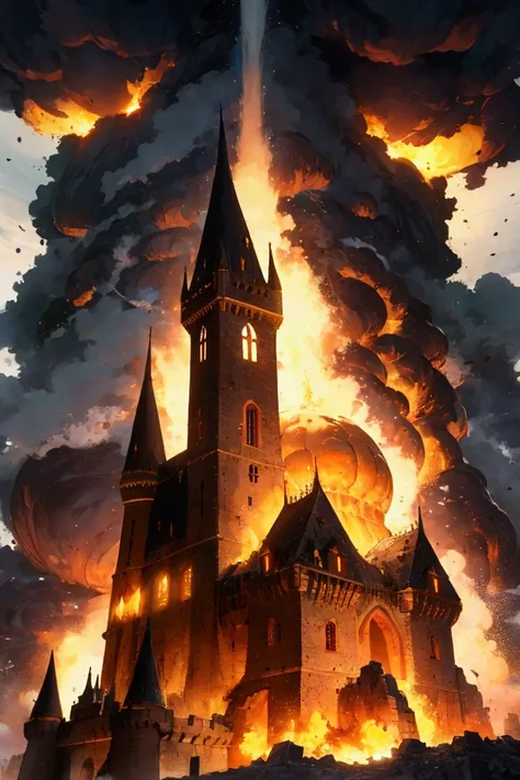 medieval style castle being destroyed by a nuclear explosion, thermal shock wave,