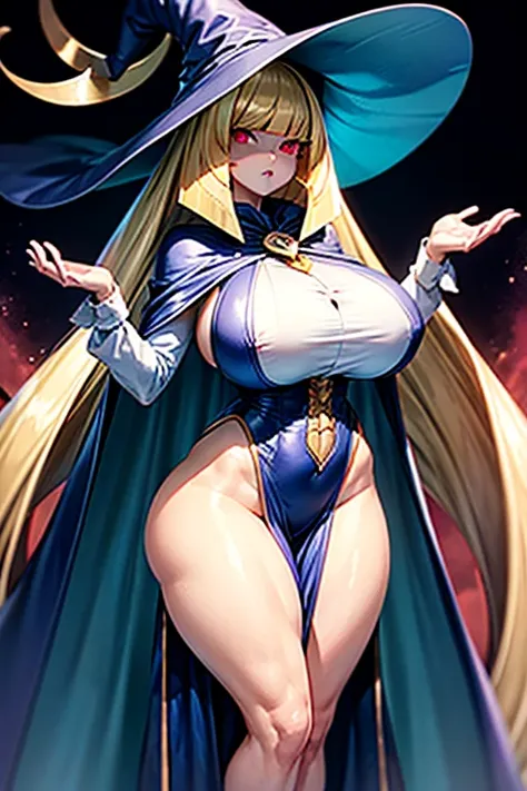 Lusamine as a evil Witch, enormous breasted, giant witch hat, glowing red eyes, enormous and long hair, enormous thighs, giant breasted, long cape, under boob, extreme hourglass shape, thin waist 