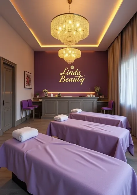 View of the reception room of a beauty spa, with 3 purple-toned spa beds, gray or white accents, a warm yellow crystal chandelier, and a spa logo on the wall behind the reception desk, "Linda Beauty." ", there is a set of tables and chairs of the same tone