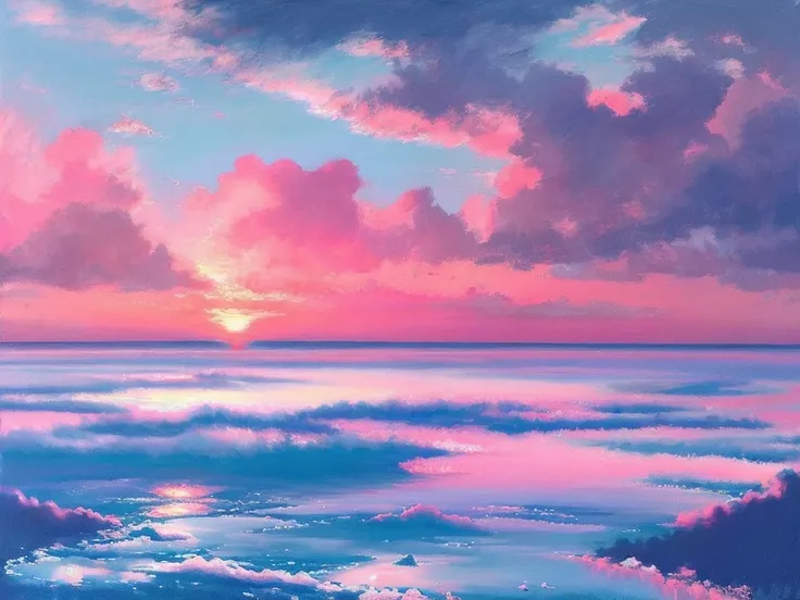 sunset sea, broken clouds, painting, spring, snowy mountain,Bright colors, light colors, sky blue, light pink, soft colors, soft light, very realistic