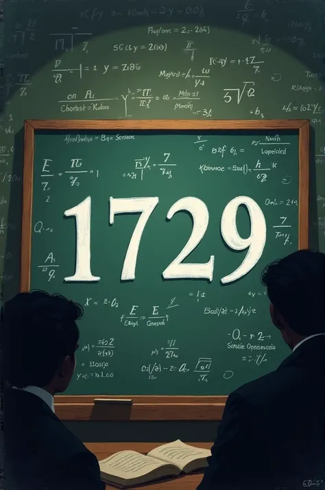 Illustrate a symbolic image of the number 1729, now shown prominently on a chalkboard, surrounded by mathematical equations and symbols. The number should be highlighted or underlined, indicating its special status as the Ramanujan Number. In the backgroun...