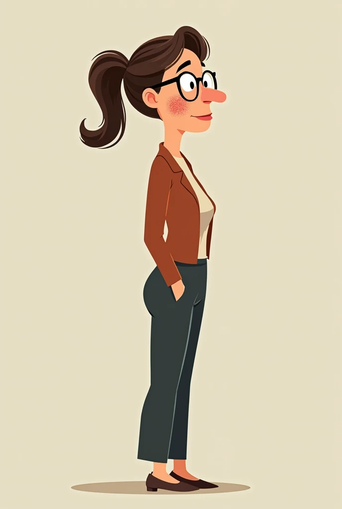 Unhappy lady corporate office worker. Include the following features... Distinct freckles, ponytail ( hairstyle), wears glasses, dorky kinda awkward demeanor. Use simple 2D animation style. Present the in full, head to toe. Present the same character in di...