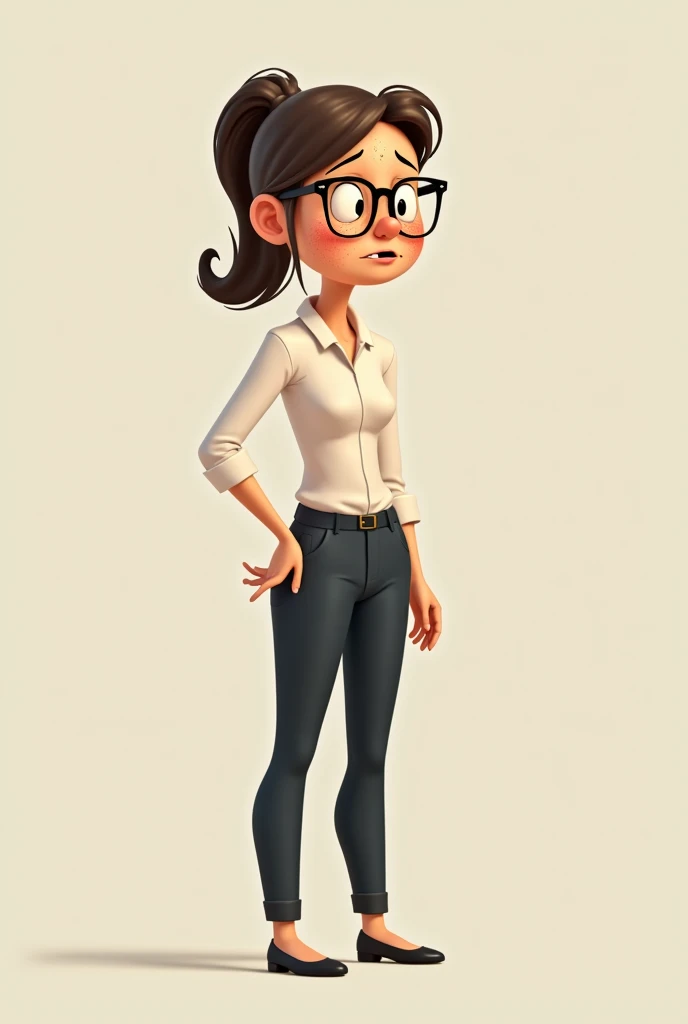 Unhappy lady corporate office worker. Include the following features... Distinct freckles, ponytail ( hairstyle), wears glasses, dorky kinda awkward demeanor. Use simple 2D animation style. Present the in full, head to toe. Present the same character in di...