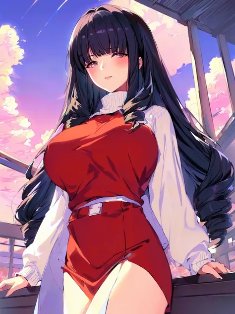 Anime girl with long black hair and a white see-through sweater standing on a balcony, yotuba maya, Anime Moe Art Style, Ilya Kuvshinov with long hair, Short skirt, Enchanting anime girl, Yotsuba Maya, Smooth anime CG art, Landscapes by Ilya Kuvshinov, Tra...