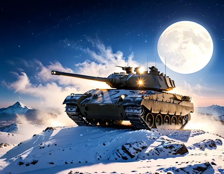 a silhouette picture of a Merkava tank on top of a snowy mountain watches the horizon at night, moon rays, some stars, fog of war, vibrant, Ultra-high resolution, High Contrast, (masterpiece:1.5), highest quality, Best aesthetics), best details, best quali...