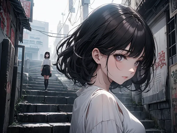 A pale black-haired girl standing on the dark steps of Kowloon Walled City, close up, Occult atmosphere