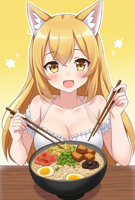 One person,One fox-eared girl,Udon、Yellowish brown fried tofu、,chopsticks,eat, Looks happy、cute、Realistic Anime、