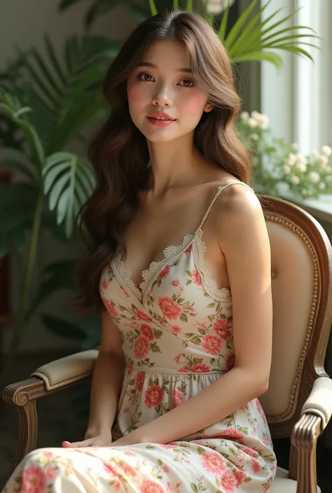 Beautiful girl of 25 yeras age wearing floral dress and sitting on a chair
