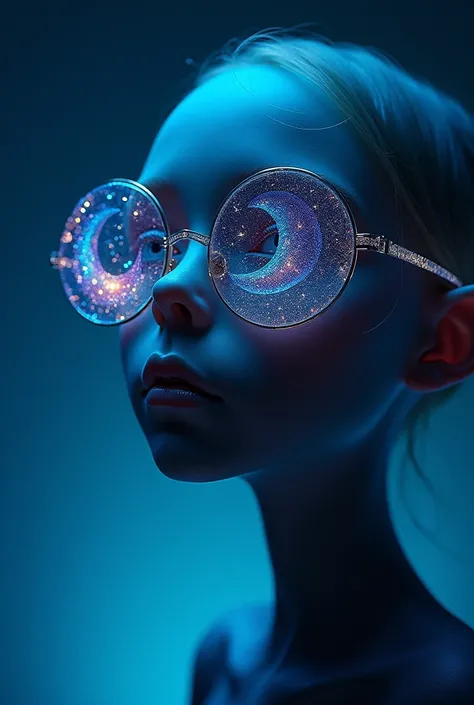 Model wearing glass sunglasses，There are stars and moon on the glass, Dark sky blue and light style, Minimalist pen line, Elf, Use of precious materials, Vibrant colors, Fascinating, flash 