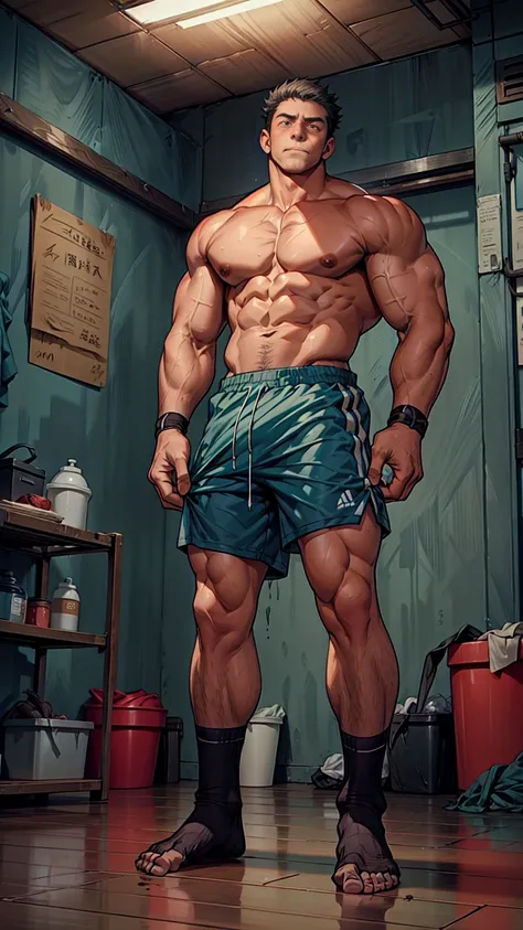 (A male athlete,)(In a small room,Desaturated teal walls,The room is paved with soft seamless gray-blue bricks,Dirty clothes piled on the floor in the room,)(He radiates,Topless,No shirt,Wrists wrapped with cloth,Wearing blue-green sports shorts,Socks are ...