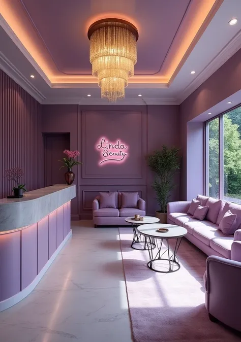 View from left of the reception room of a beauty spa with purple tones accented with gray or white, installed with a warm golden light crystal chandelier, with the spa logo on the wall behind the reception desk as "Linda Beauty" , there is a set of luxurio...