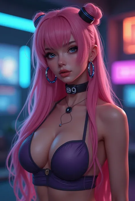 ((Beautiful Face))), (((The face of a masterpiece))), extremely long hair, Hair Bun, Pink Hair,Purple inner hair color Hair hanging down from the back of the neck, Voluptuous big breasts , Hoop Earrings, Thick thighs, Huge thighs, Tight waist, Tight waist,...