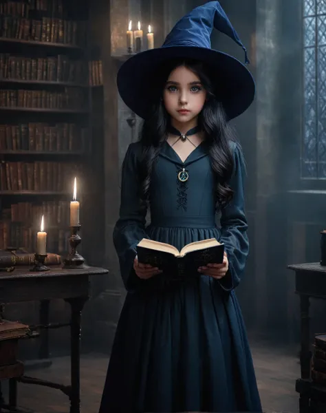  young 11 year old girl, daughter of severus snape,A mystical girl with long black hair, deep Green eyes, wearing a navy blue witchs hat and dress, holding a book with a black magic circle, in a dimly lit European-style interior, with blue candle flames, (...