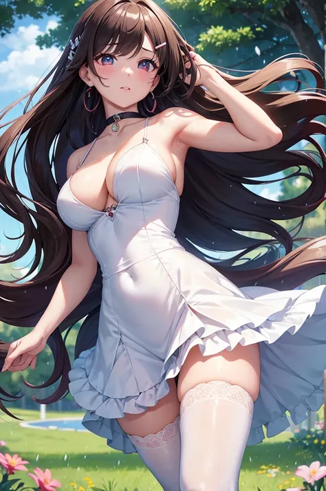 A beautiful 20 years old girl walking in a field of flowers, anime girl, wedding dress, skirt parted in front, white thigh highs, white panties, blue sky, rain of flowers, big round breasts, dark brown hair, long hair, wavy hair, long bangs, expressive hai...