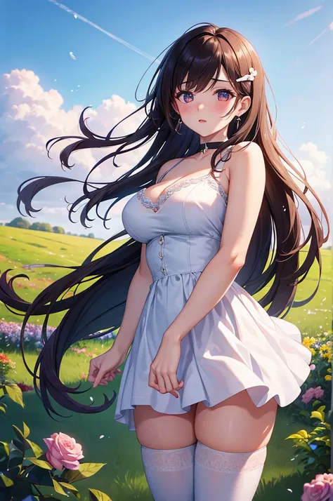 A beautiful 20 years old girl walking in a field of flowers, anime girl, wedding dress, skirt parted in front, white thigh highs, white panties, blue sky, rain of flowers, big round breasts, dark brown hair, long hair, wavy hair, long bangs, expressive hai...