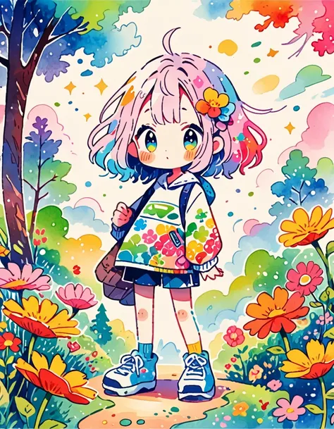 Pie Style, (((Kawaii Design))), The most beautiful girl of all time、stretch、stretch Forest、8K quality、Intense watercolor, detailedな水彩アート, Watercolor splash, Surreal, Avant-garde pop art, Beautiful and expressive paintings, Beautiful artwork illustration, V...