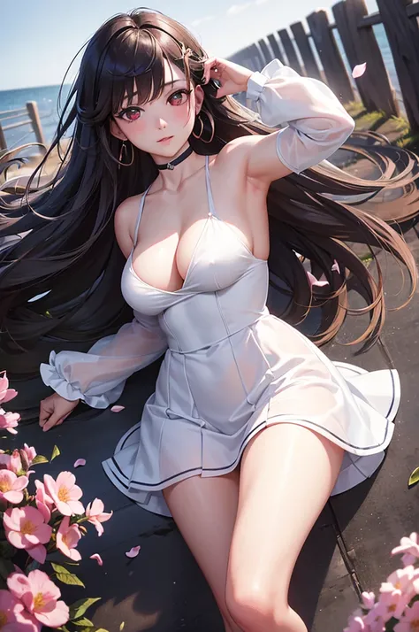 A beautiful 20 years old girl walking in a field of flowers, anime girl, wedding dress, skirt parted in front, white thigh highs, white panties, blue sky, rain of flowers, big round breasts, dark brown hair, long hair, wavy hair, long bangs, expressive hai...