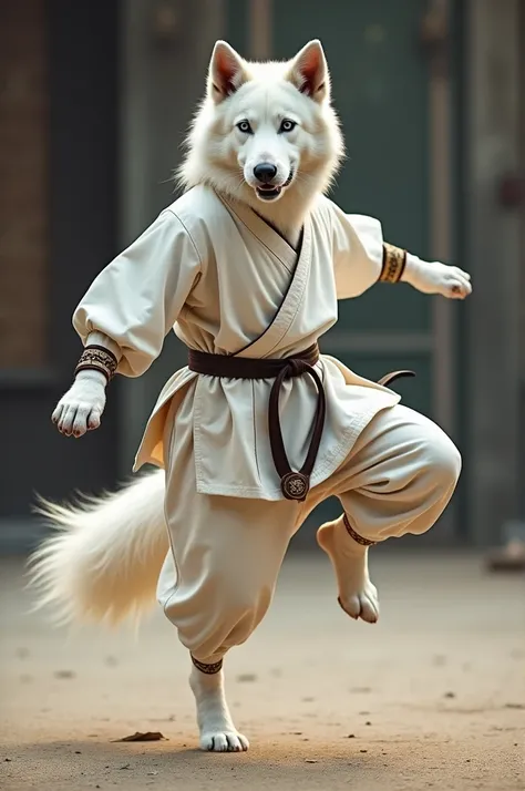 A White Shepherd dog in a martial arts outfit. Doing a martial arts kick pose. 