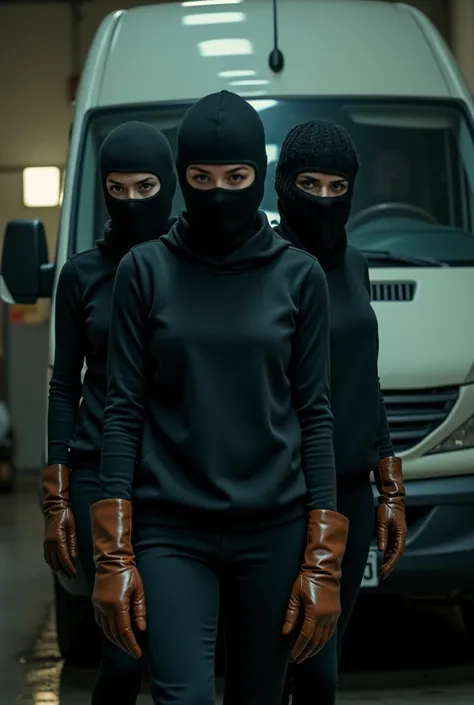 3 woman wearing a balaclava and wearing leather gloves Lons is preparing to drive a van 