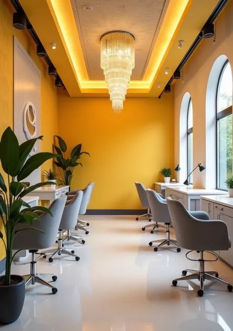 View from left of the nail spa with yellow tones accented with gray or white, installed with a warm golden light crystal chandelier, with the spa big logo on the wall behind, some nail desk