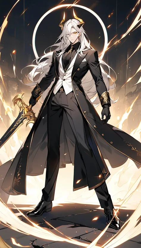 Handsome, solo, 1 male, long hair, white hair, yelow eye, wearing a black shirt, black and white suit, and black dress shoes, with two golden horns, standing while holding a sword. 