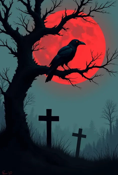 crow，grim Reaper，Red Moon，Cemetery，Dead Tree，forest，cross