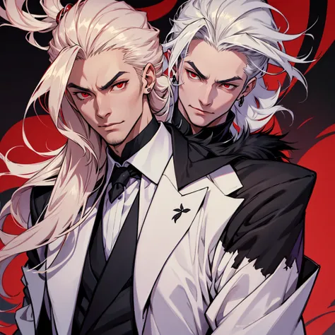 Tall Man.Classic Japanese semi-formal suit.Mullet type pearl. Red eyes. black fur.vampire light skin