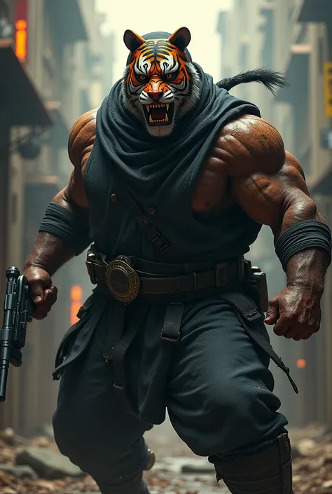 (a dark-skinned fat muscular old man in ninja suit) carrying a gun in right hand, (wearing realistic roaring tiger mask), dynamic action pose, fierce expression, showcasing an imposing stature, surrounded by military elements, dramatic shadows and intense ...