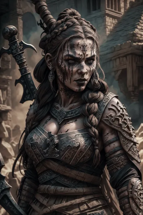 a fierce viking warrior woman, intricate braided hairstyle, detailed facial tattoos, dramatic war paint, battle-ready combat pos...