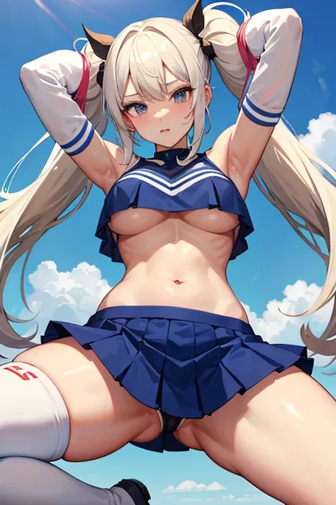 Cheerleader、Underboob、Thigh-high socks、Long twin tails、Platinum Blonde、Extremely large breasts、Leg spread、Bite