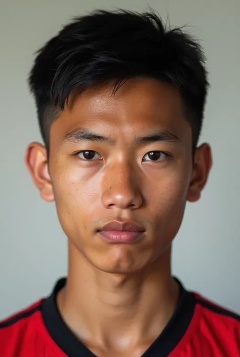 15 year old white skin Indonesian football player looking straight into the camera