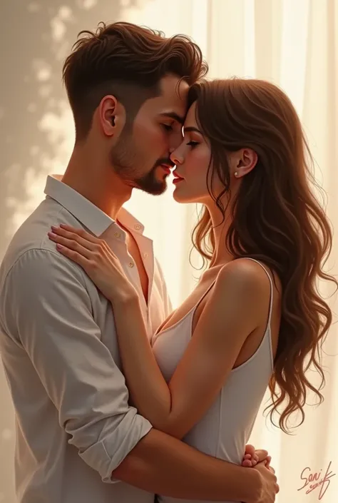 White male with short goatee and brown hair, kissing white woman shoulder length wavy brown hair 