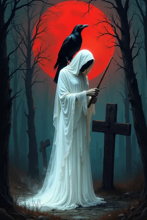 crow，grim Reaper，Red Moon，Cemetery，Dead Tree，forest，cross，Holy Women((The whole body is glowing white))