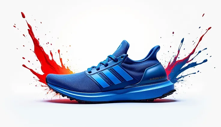 Create an image of a blue Adidas running shoe with dynamic splashes of paint around it, symbolizing motion and transformation. The shoe should be the central focus, with red and blue paint splashes that give the impression of the shoe breaking free from it...