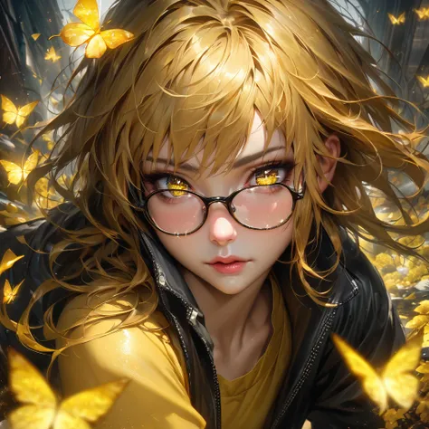 Extremely detailed, high resolution, absurd, HDR, masterpiece, Fushiguro Megumi, black and yellow Hair, Expressive yellow eyes, Jiu Jitsu Kaiba, Black long coat, yellow Ice flowers, petal, Very beautiful, Sexy girl, Solitary, Extremely detailed eyes and fa...