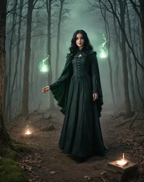 young 11 year old girl, daughter of severus snape,long black hair,  Evil wizard in a clearing in the middle of a cursed forest, black art, Ancient spell book, Swirling smoke, menacing smile, Mysterious cloak, glare green eyes, eerie atmosphere, lightnings,...