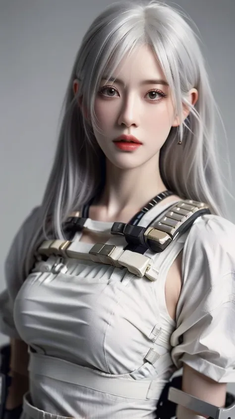 a close up of a person in a white dress with a white hair, tifa lockhart with white hair, cyborg - girl with silver hair, perfect android girl, girl with white hair, perfect white haired girl, echo from overwatch, white haired, inspired by Leng Mei, girl w...