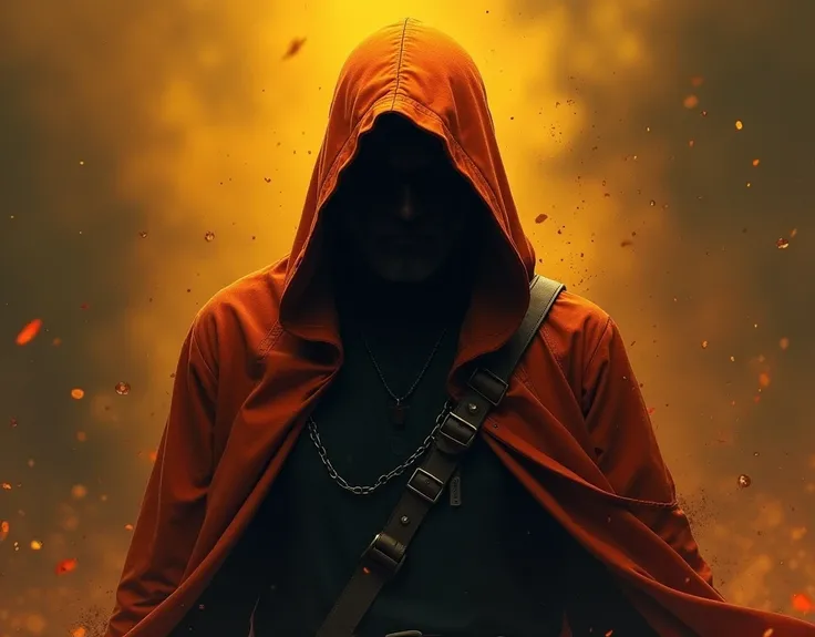 
male character, dark, hood, strong, orange and yellow colors