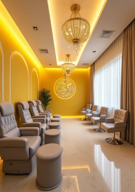 beautyful View from of the nail spa with yellow tones accented with gray or white, installed with a warm golden light crystal chandelier, with the spa big logo on the wall behind, some Nail chair for pedicure