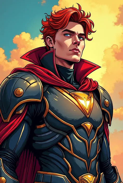 A vibrant comic book illustration drawn by a renowned Marvel artist, representing a graphic novel style, with bold lines, intricate textures and kinetic energy, May he be a great and handsome gentleman, with a sexy face and big red hair, with a large armor...