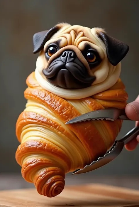 A large croissant with a pug&#39;s face on it being held with tongs, side view