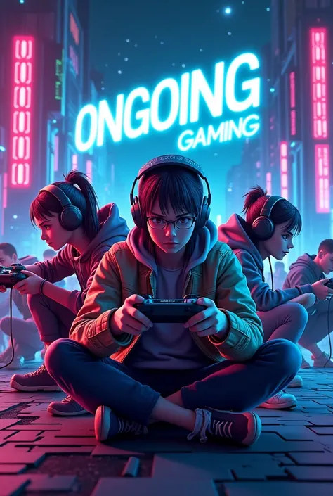 A creative cover photo for a youtube channel (channel name: ongoing gaming), and name should be mentioned in the background, in neon ligh.